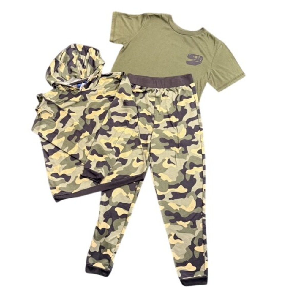 Saint Eve Kids 3 Piece Pajama Set Camo Hoodie Joggers T-Rex Tee Green M 10/12